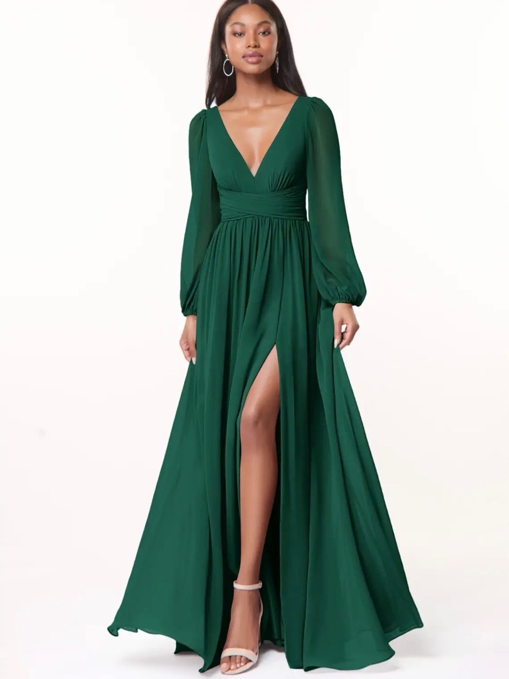 Azazie Forest Green V-Neck Long Sleeve Chiffon Maxi Dress with Front Slit